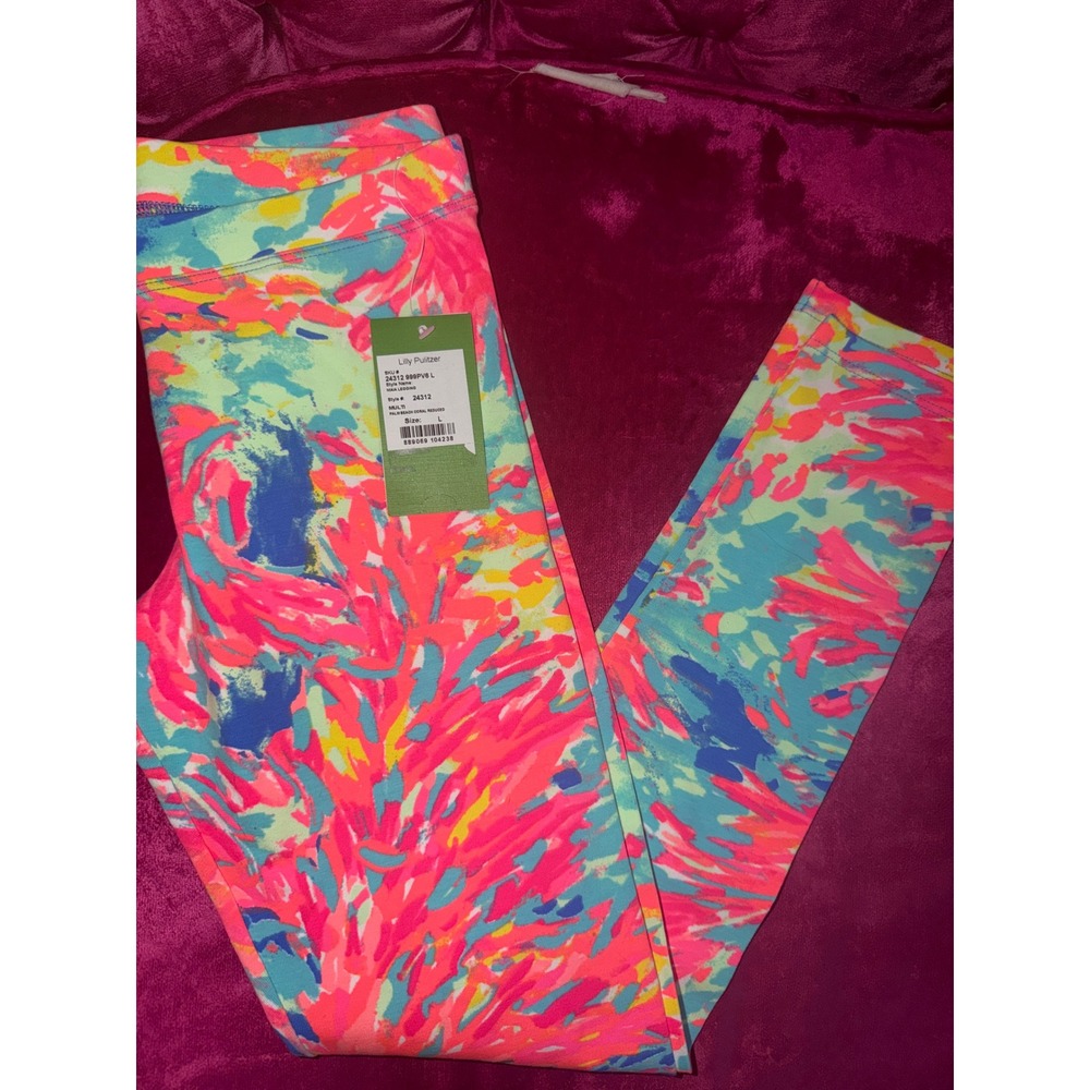 Lilly Pulitzer Girls Maia Leggings Palm Beach Coral Pink Blue Size L 8-10 NWT